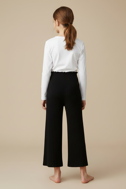 Pantalon Noir Tricoté Côtelé Ample Fille - Maille - vue 2