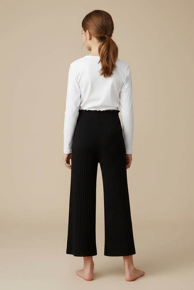 Pantalon Noir Tricoté Côtelé Ample Fille - Maille - vue 2