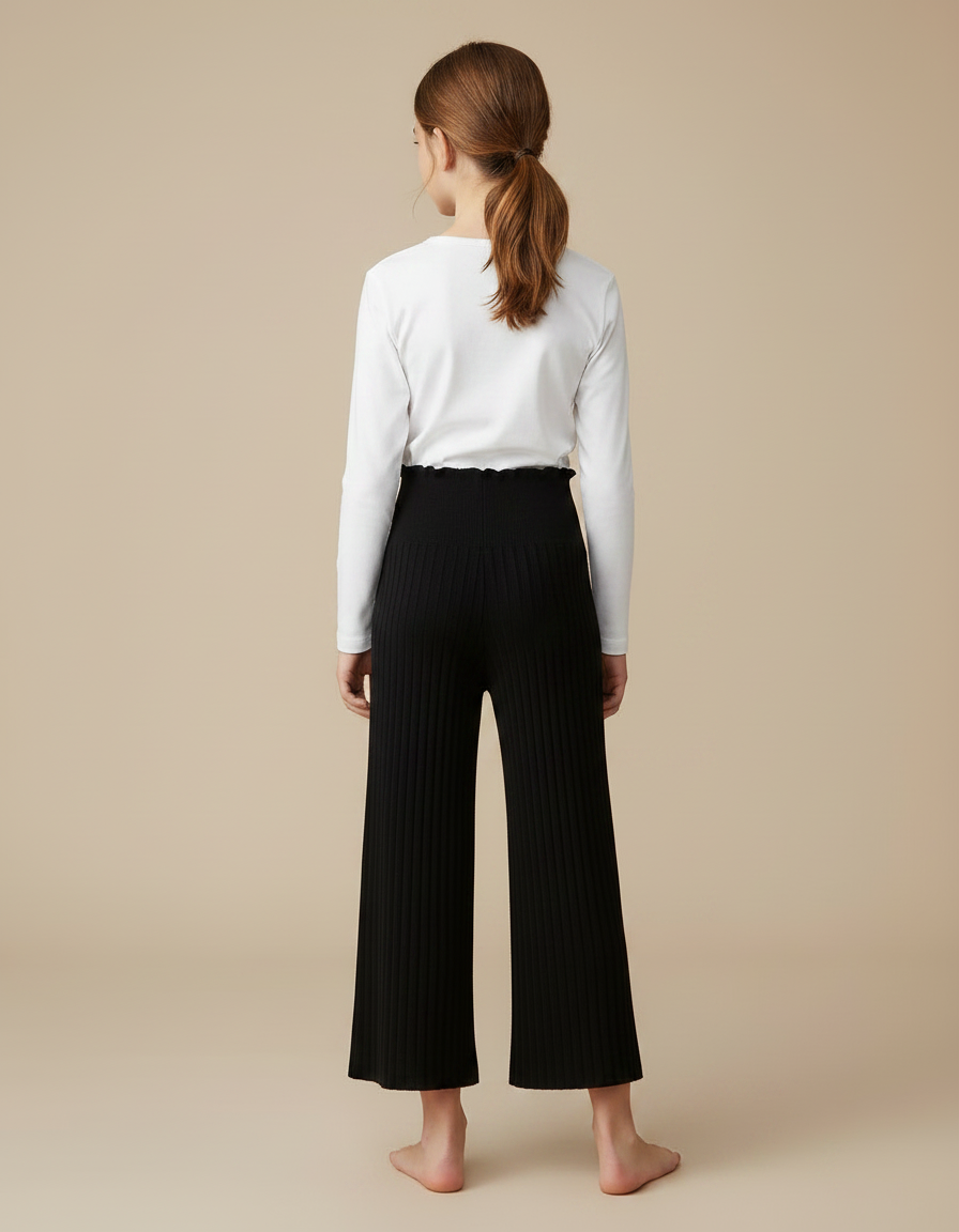 Pantalon Noir Tricoté Côtelé Ample Fille - Maille - vue 2