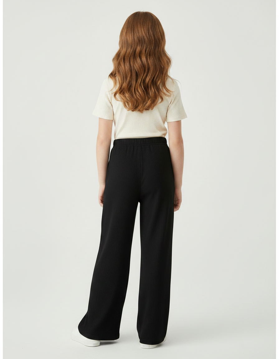 Pantalon Noir Côtelé Ample Confortable Fille - Maille - vue 2