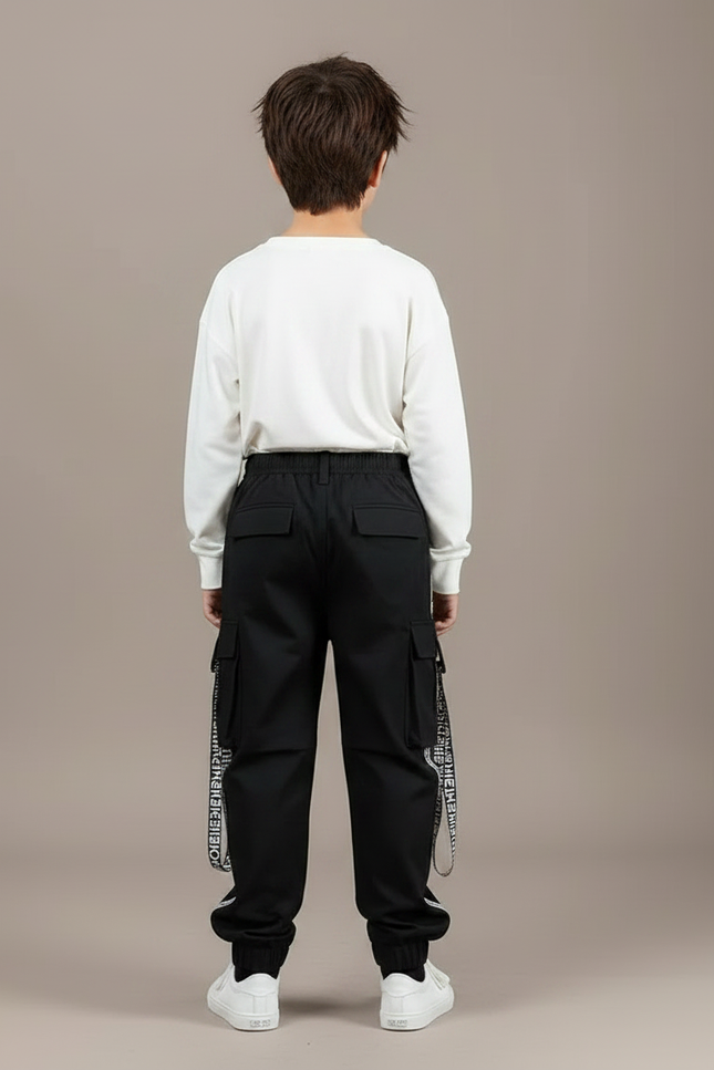 Pantalon Noir Cargo Ample Garçon Streetwear - Toile - vue 2
