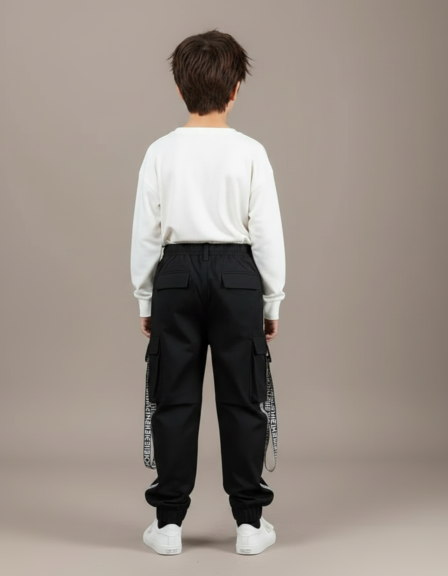 Pantalon Noir Cargo Ample Garçon Streetwear - Toile - vue 2
