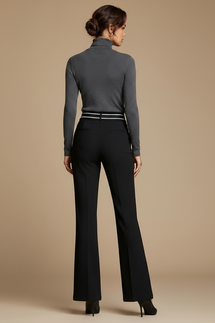 Pantalon Noir Évasé Taille Haute Élégant Femme - Polyester - vue 2