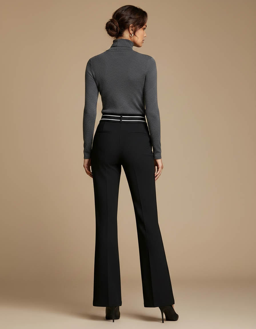 Pantalon Noir Évasé Taille Haute Élégant Femme - Polyester - vue 2