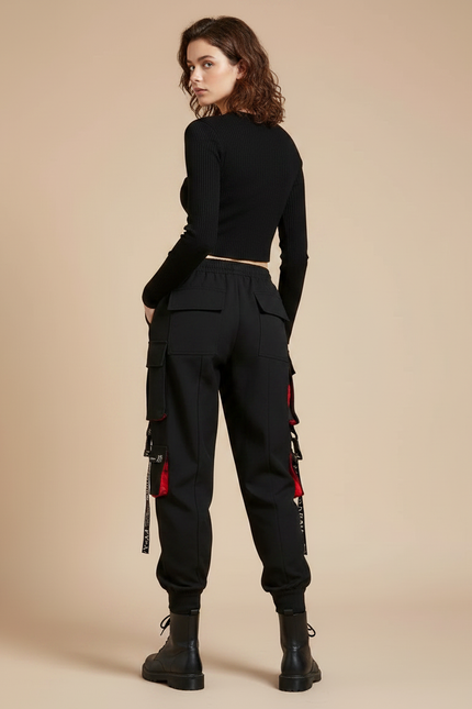 Pantalon Noir Cargo Punk Streetwear Femme Chaîne - Gabardine - vue 2