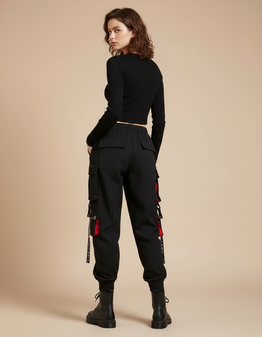 Pantalon Noir Cargo Punk Streetwear Femme Chaîne - Gabardine - vue 2