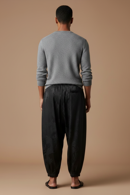 Pantalon Noir Satin Ample Motif Dragon Homme - vue 2