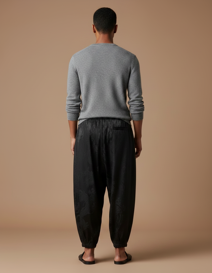 Pantalon Noir Satin Ample Motif Dragon Homme - vue 2