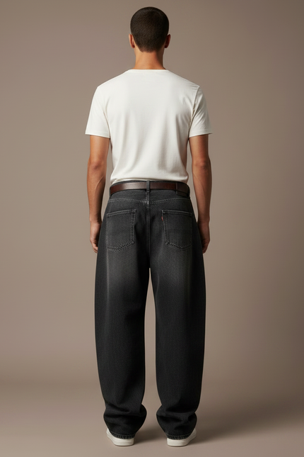 Pantalon Noir Ample Délavé Denim Décontracté Homme - Jean - vue 2