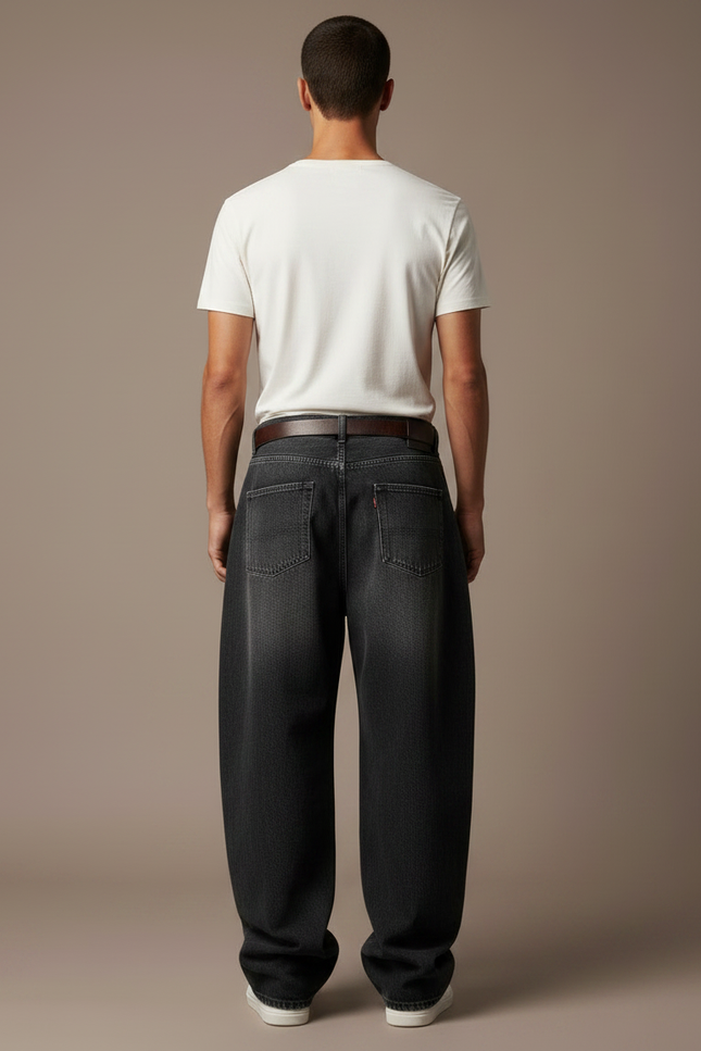 Pantalon Noir Ample Délavé Denim Décontracté Homme - Jean - vue 2