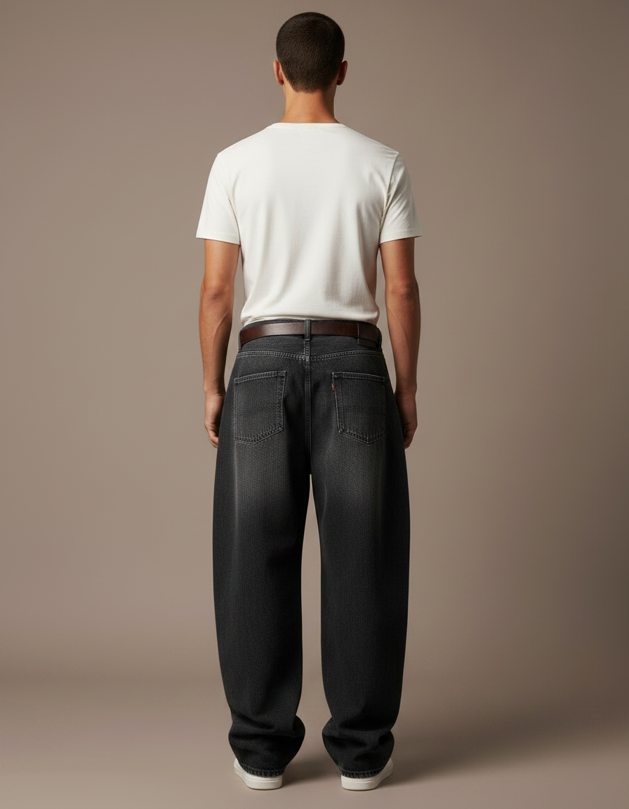 Pantalon Noir Ample Délavé Denim Décontracté Homme - Jean - vue 2