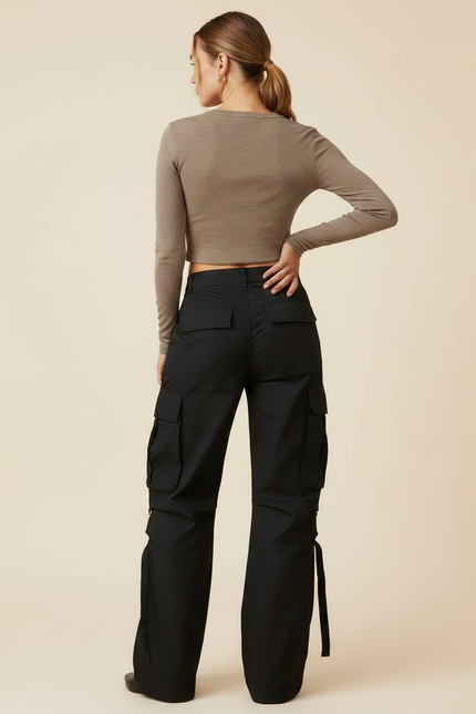 Pantalon Noir Cargo Ample Femme Streetwear - Toile - vue 2