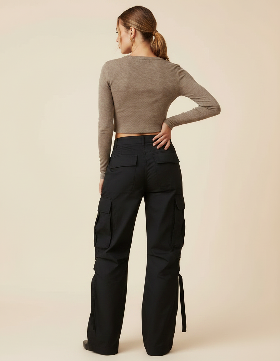 Pantalon Noir Cargo Ample Femme Streetwear - Toile - vue 2