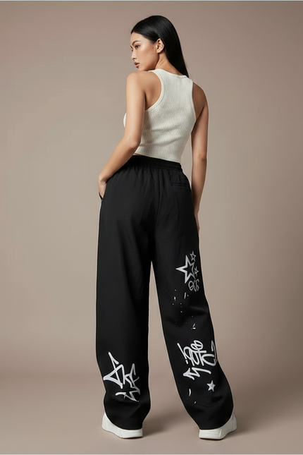 Pantalon Noir Ample Graffitis Streetwear Décontracté - Polyester - vue 2