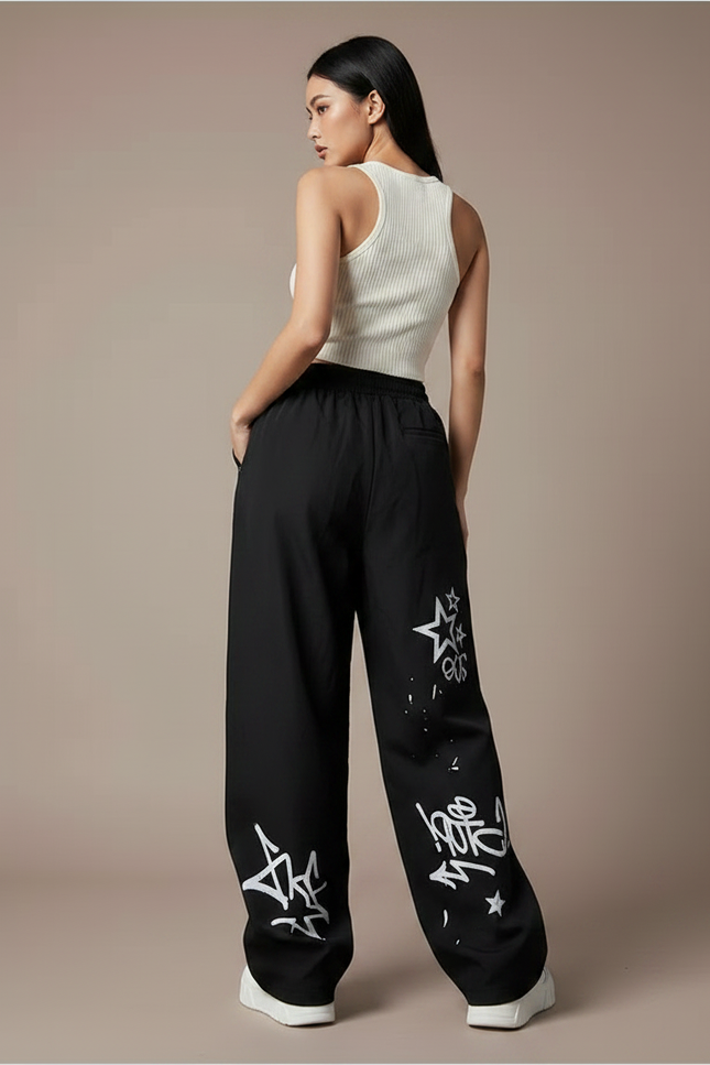 Pantalon Noir Ample Graffitis Streetwear Décontracté - Polyester - vue 2