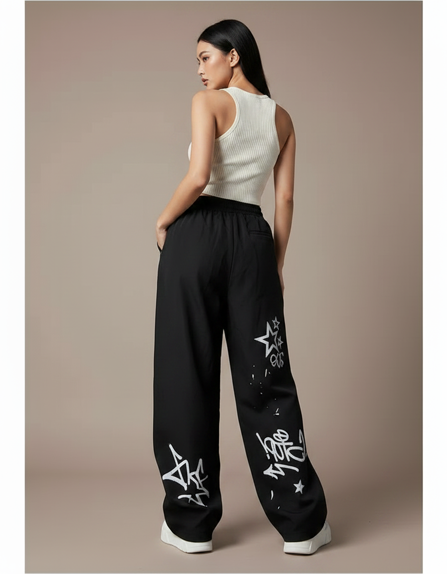 Pantalon Noir Ample Graffitis Streetwear Décontracté - Polyester - vue 2