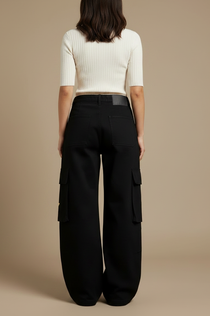 Pantalon Noir Cargo Brodé Ample Décontracté Femme - Toile - vue 2