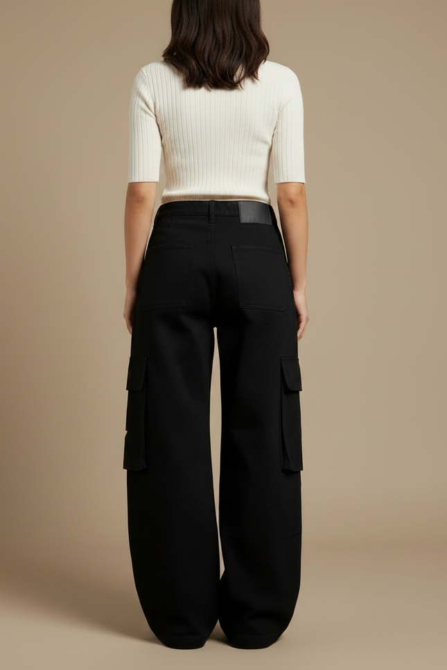 Pantalon Noir Cargo Brodé Ample Décontracté Femme - Toile - vue 2