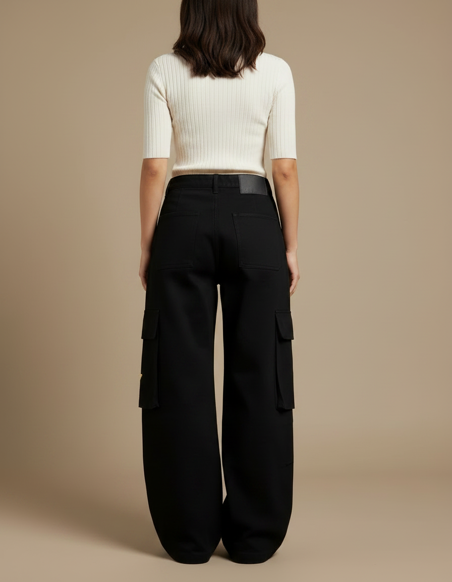 Pantalon Noir Cargo Brodé Ample Décontracté Femme - Toile - vue 2