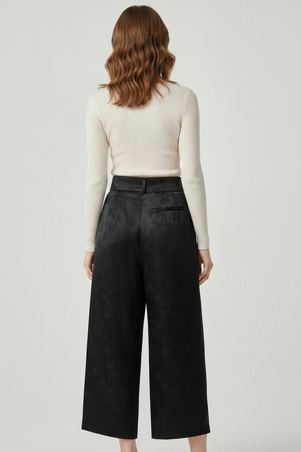 Pantalon Noir Satiné Jacquard Ample Brodé Élégant - vue 2
