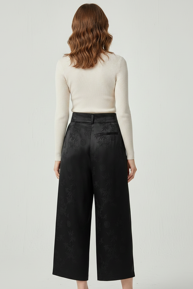 Pantalon Noir Satiné Jacquard Ample Brodé Élégant - vue 2