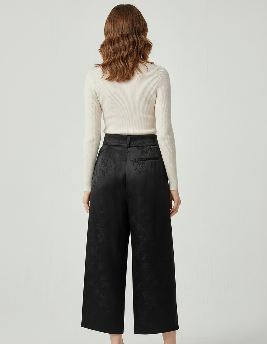 Pantalon Noir Satiné Jacquard Ample Brodé Élégant - vue 2