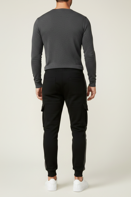 Pantalon Noir Cargo Jogging Sportif Rayure Grise - Molleton - vue 2
