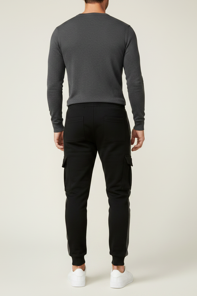 Pantalon Noir Cargo Jogging Sportif Rayure Grise - Molleton - vue 2