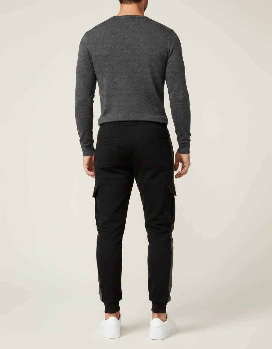 Pantalon Noir Cargo Jogging Sportif Rayure Grise - Molleton - vue 2