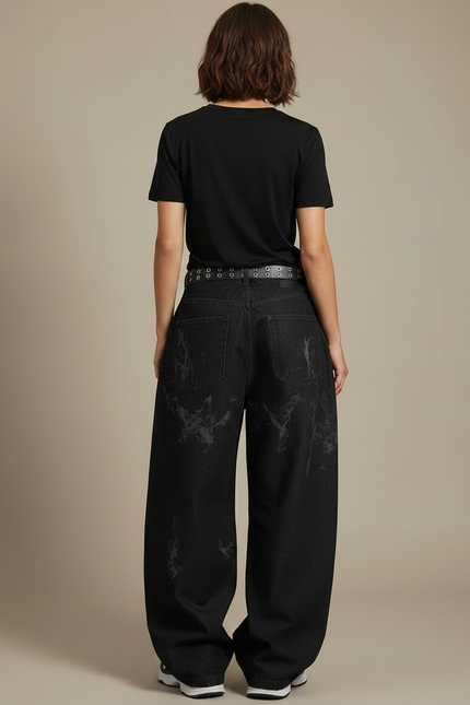Pantalon Noir Baggy Denim Imprimé Large Décontracté - Jean - vue 2