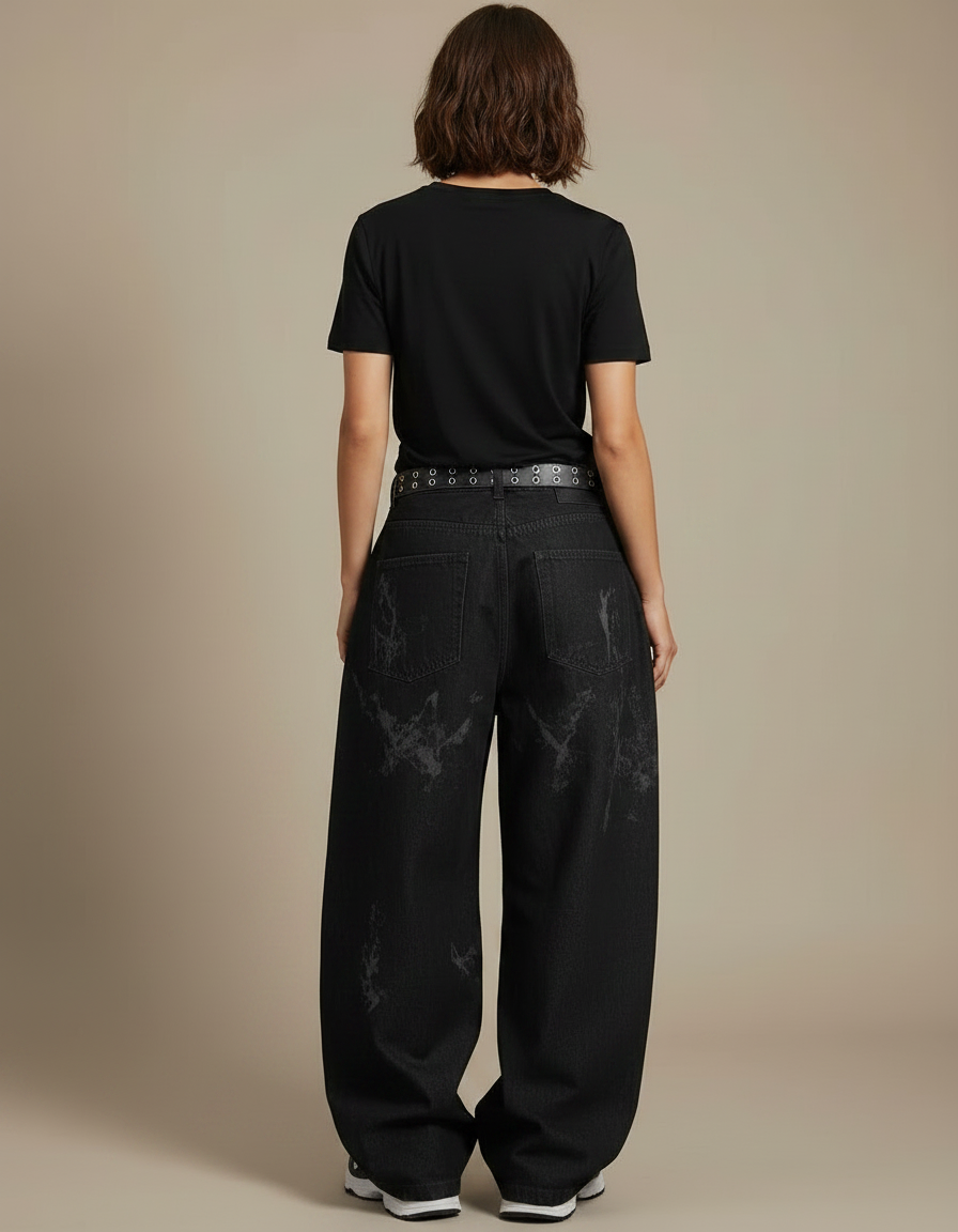 Pantalon Noir Baggy Denim Imprimé Large Décontracté - Jean - vue 2