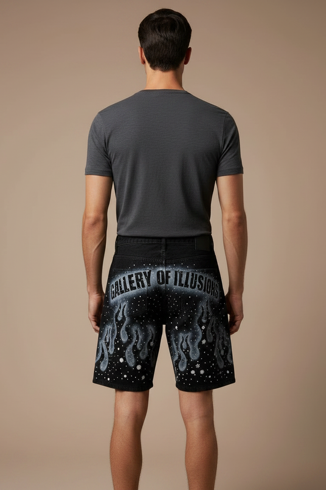 Pantalon Noir Court Imprimé Flammes Décoré Strass Homme - Jean - vue 2