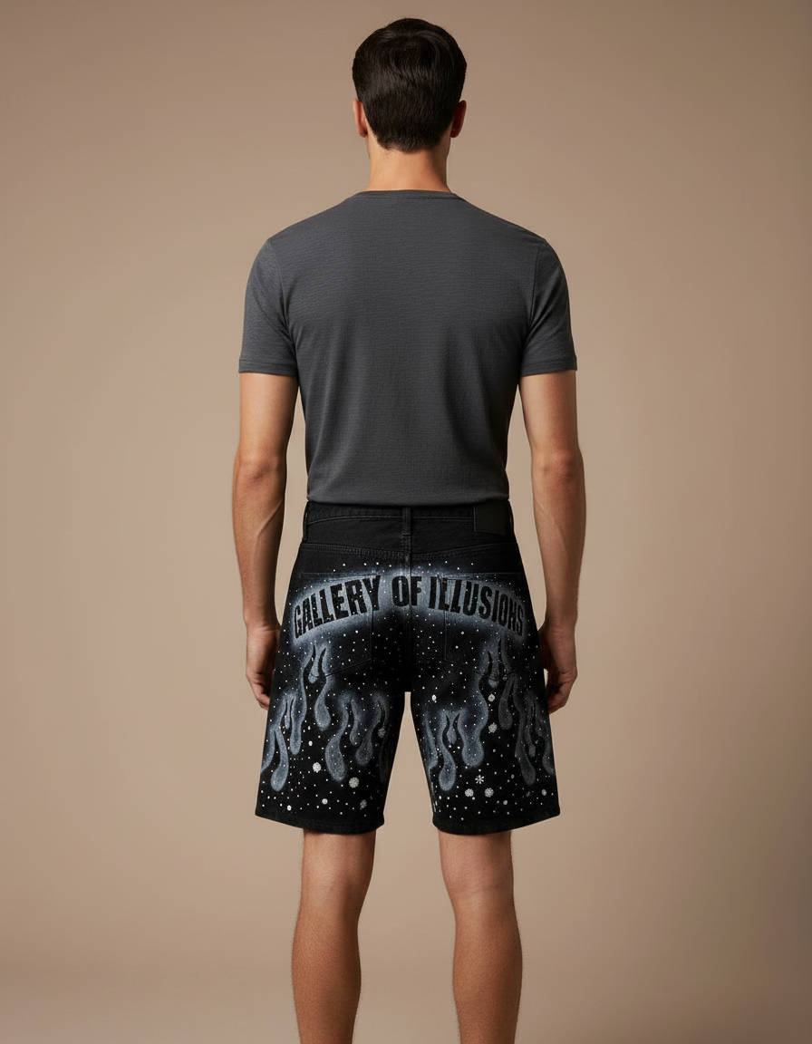 Pantalon Noir Court Imprimé Flammes Décoré Strass Homme - Jean - vue 2