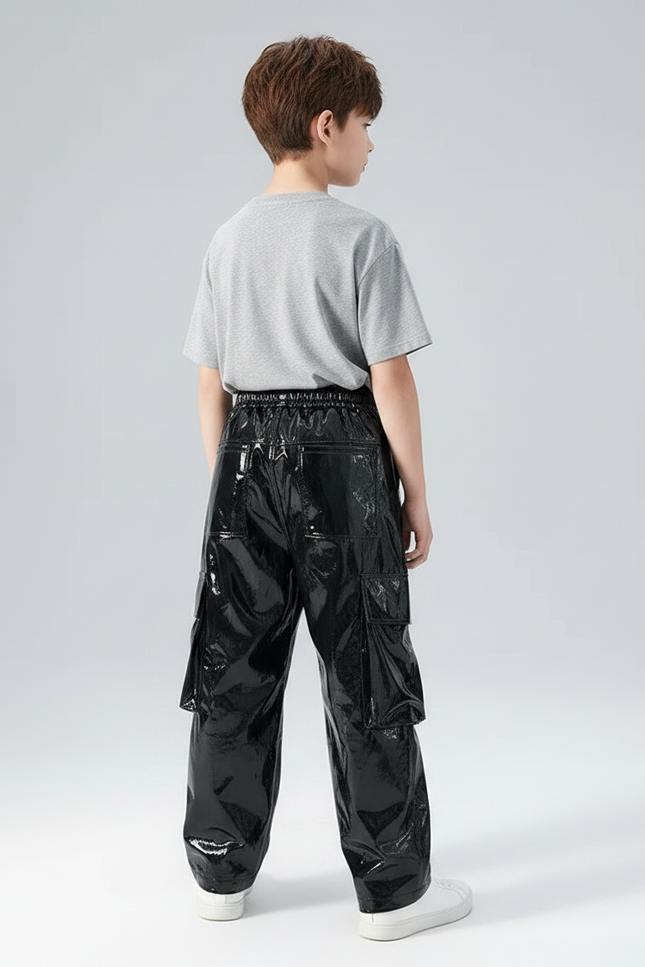 Pantalon Noir Brillant Cargo Ample Garçon Streetwear - Simili cuir - vue 2