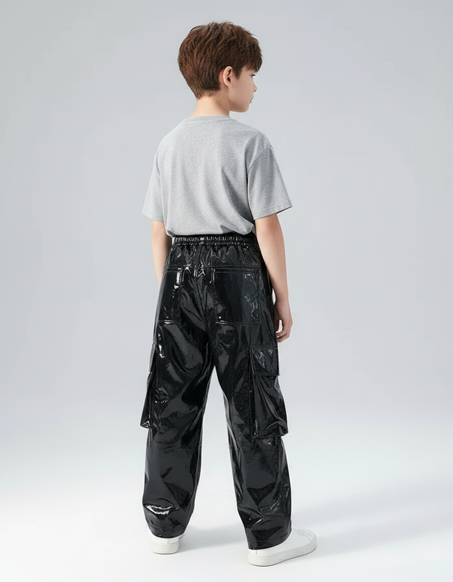 Pantalon Noir Brillant Cargo Ample Garçon Streetwear - Simili cuir - vue 2