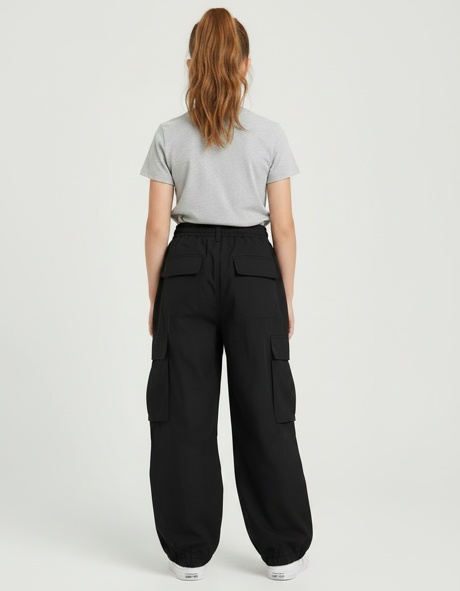 Pantalon Noir Cargo Ample Fille Casual - Polyester - vue 2