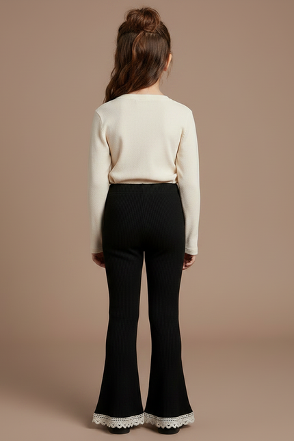 Pantalon Noir Côtelé Évasé Dentelle Fille - Maille - vue 2