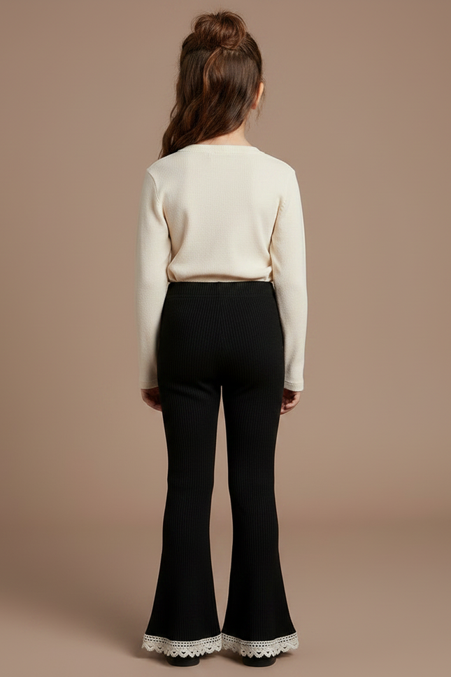 Pantalon Noir Côtelé Évasé Dentelle Fille - Maille - vue 2
