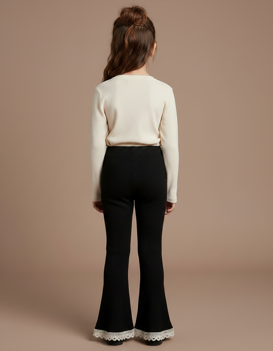 Pantalon Noir Côtelé Évasé Dentelle Fille - Maille - vue 2