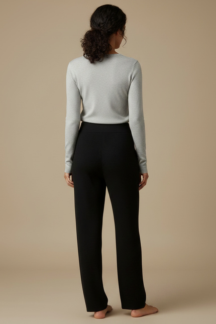 Pantalon Noir Tricot Côtelé Ample Confortable Femme - Maille - vue 2