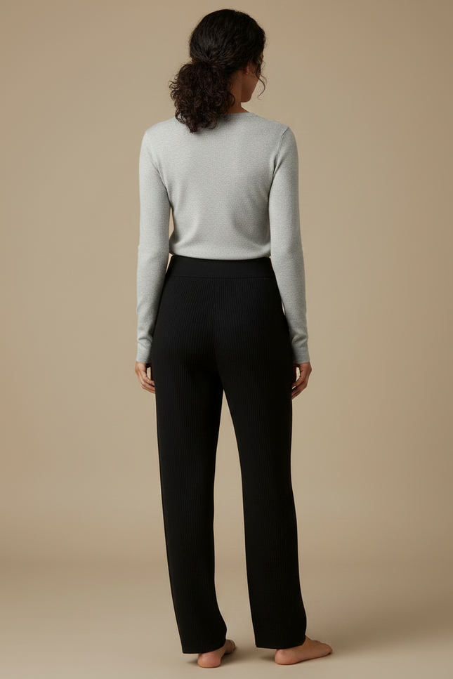 Pantalon Noir Tricot Côtelé Ample Confortable Femme - Maille - vue 2