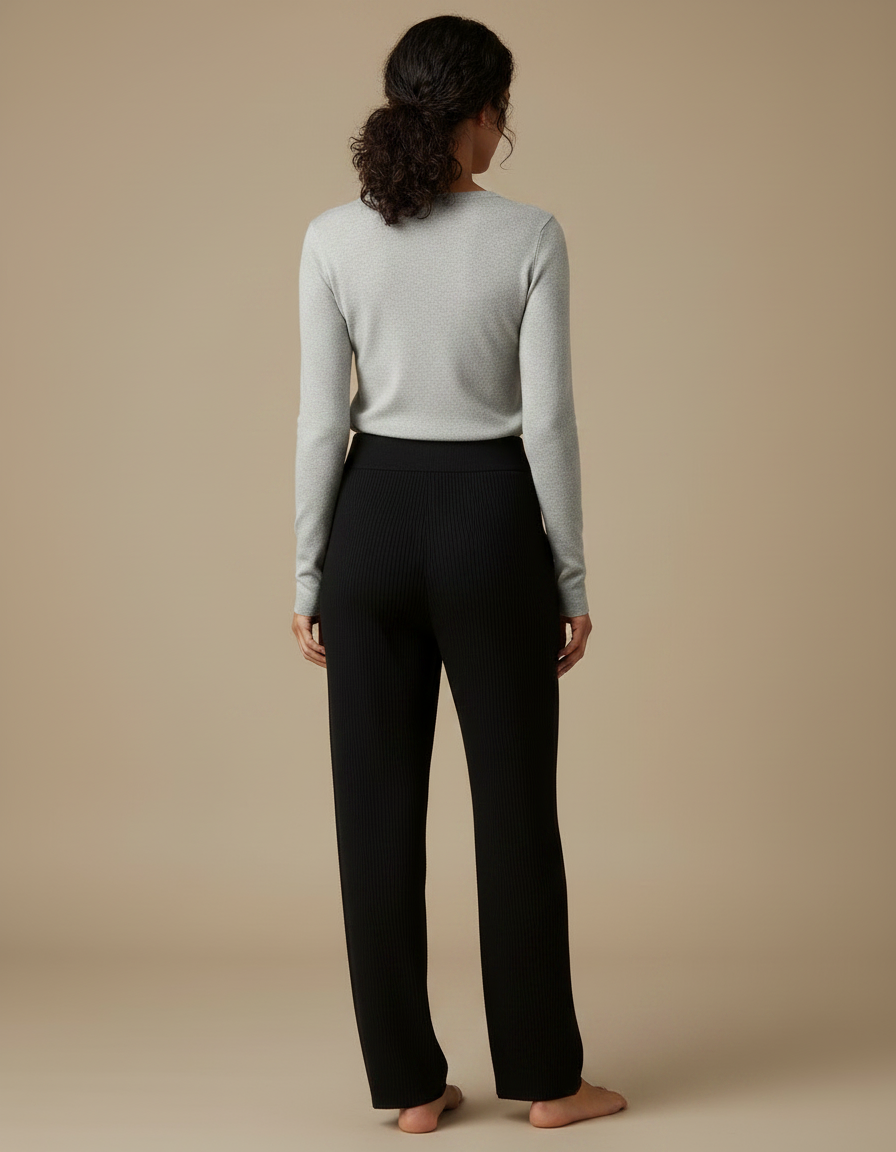 Pantalon Noir Tricot Côtelé Ample Confortable Femme - Maille - vue 2