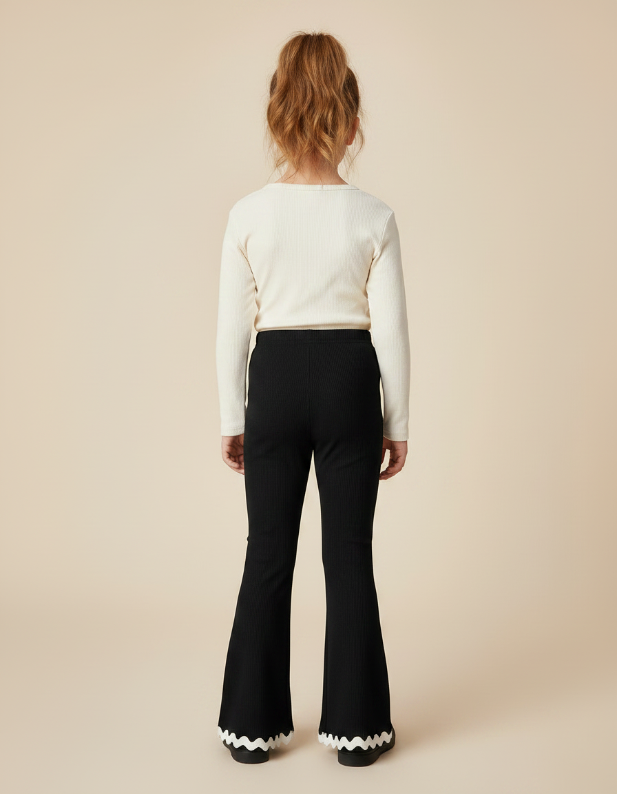 Pantalon Noir Côtelé Évasé Volants Fille - Maille - vue 2