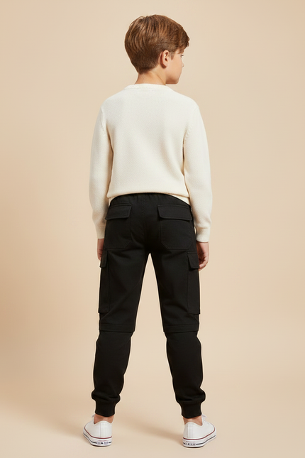 Pantalon Noir Cargo Coton Poches Garçon Streetwear - vue 2