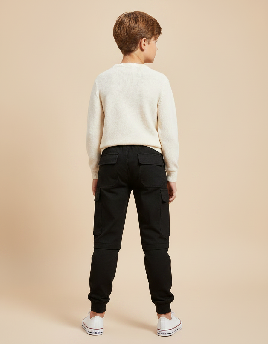 Pantalon Noir Cargo Coton Poches Garçon Streetwear - vue 2