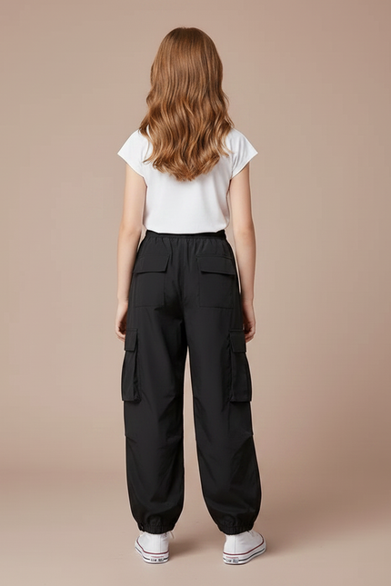 Pantalon Noir Cargo Ample Streetwear Décontracté Fille - Polyester - vue 2
