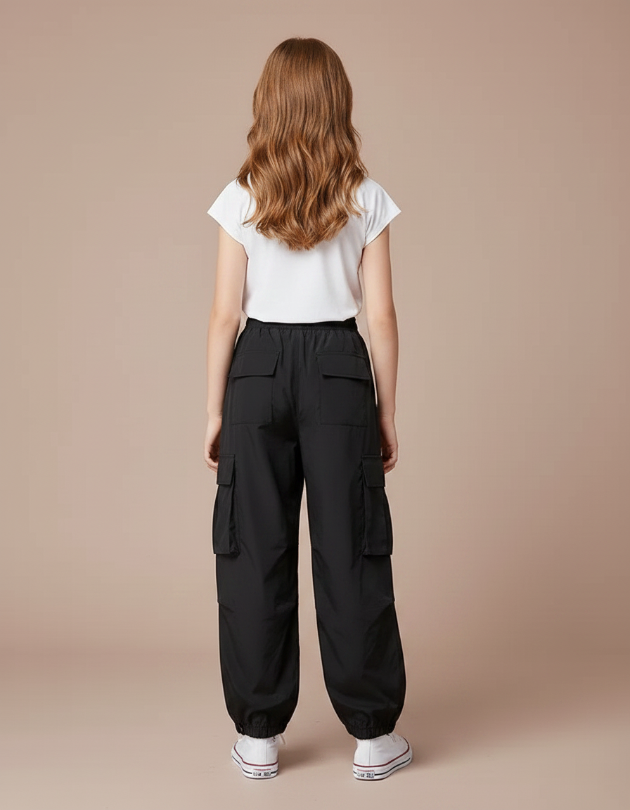 Pantalon Noir Cargo Ample Streetwear Décontracté Fille - Polyester - vue 2