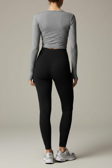 Pantalon Noir Côtelé Taille Haute Moulant Sport - Maille - vue 2