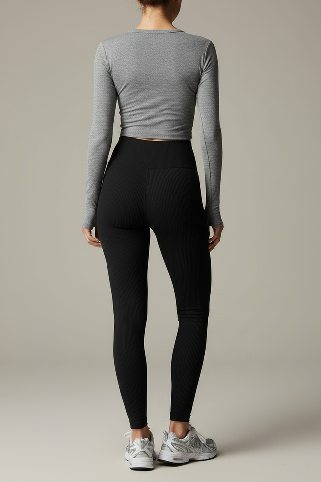 Pantalon Noir Côtelé Taille Haute Moulant Sport - Maille - vue 2