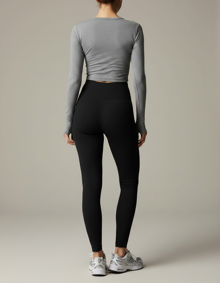 Pantalon Noir Côtelé Taille Haute Moulant Sport - Maille - vue 2